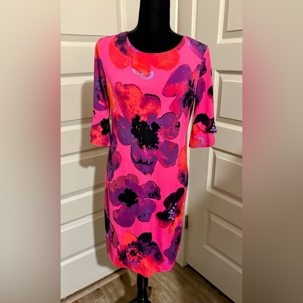 CLARA SUNWOO Pink and Purple Floral 3/4 Long Flutter Sleeve Dress
